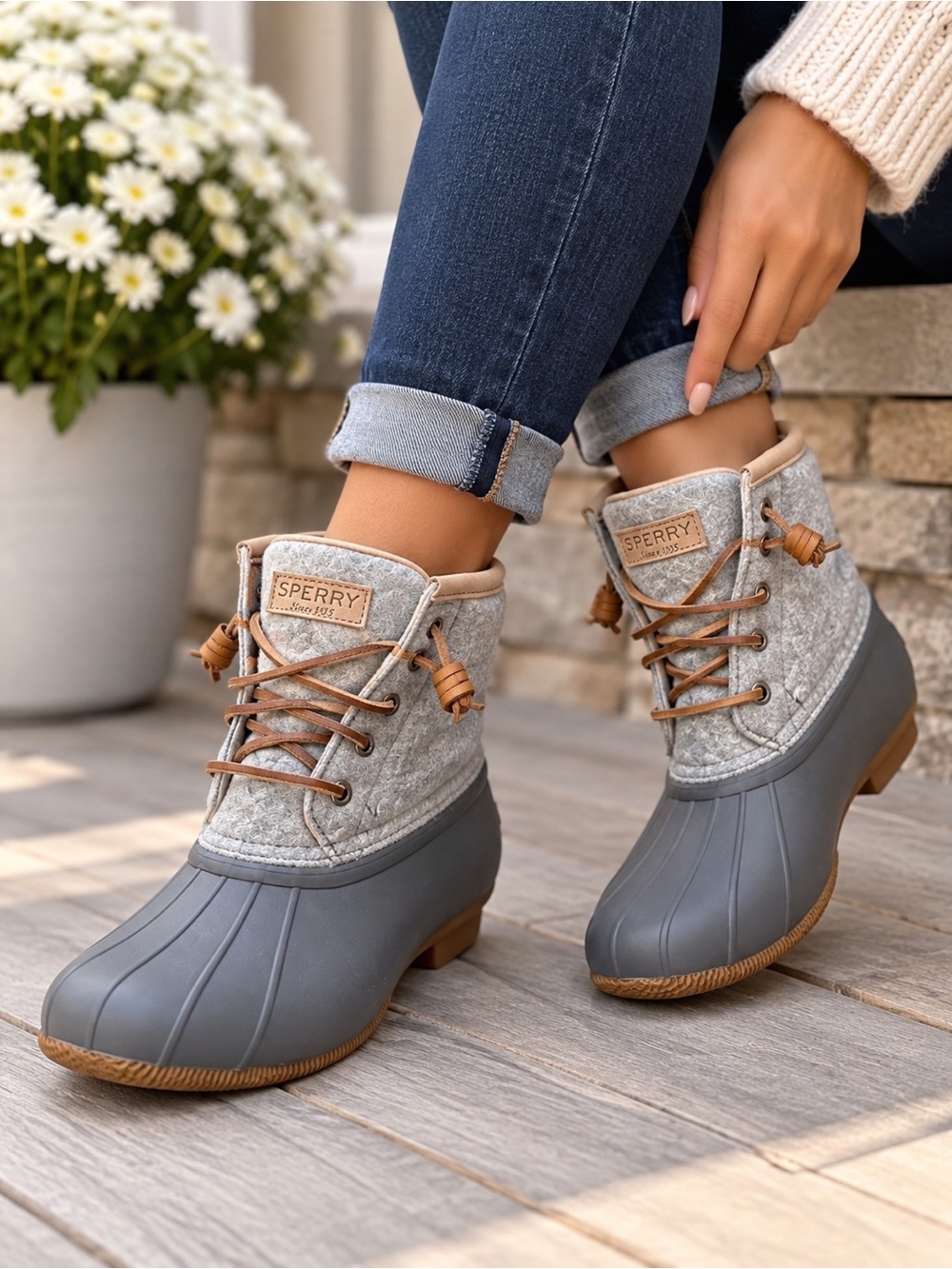 Sperry Gray and Brown Lace-Up Duck Boots for Women